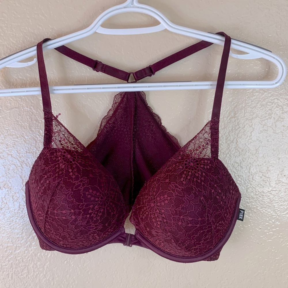 Pink Victorias Secret Burgundy Lace Snap Front Daye Pushup Bra Size 32DD